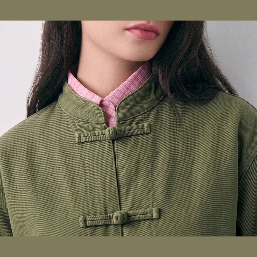 Olive Green Round Denim Jacket with Frog Button Closures - Picture 6 of 7